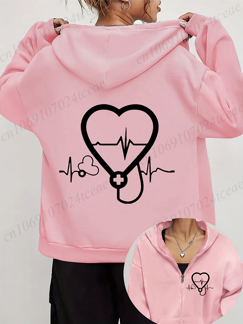 Women'S Fashion Zip Hoodie - Women's Autumn Winter Hoodies Stethoscope EKG