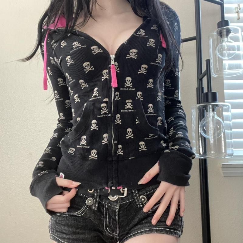 Women'S Fashion Zip Hoodie - Gothic Skeleton Print Cardigan Contrast Hooded